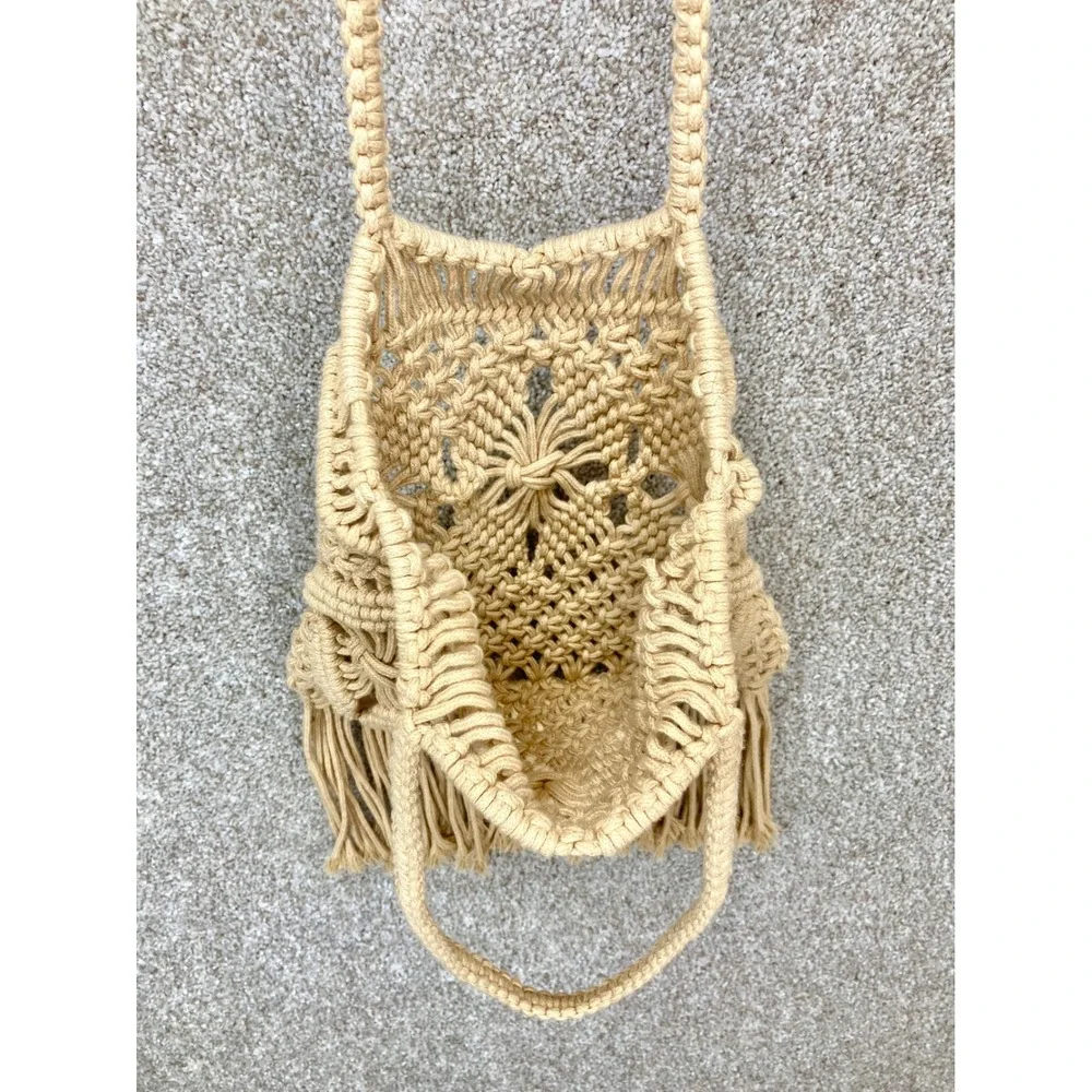 Macrame Fringe Boho Tote Bag Tan Woven Shoulder Bag Handcrafted Beach Summer